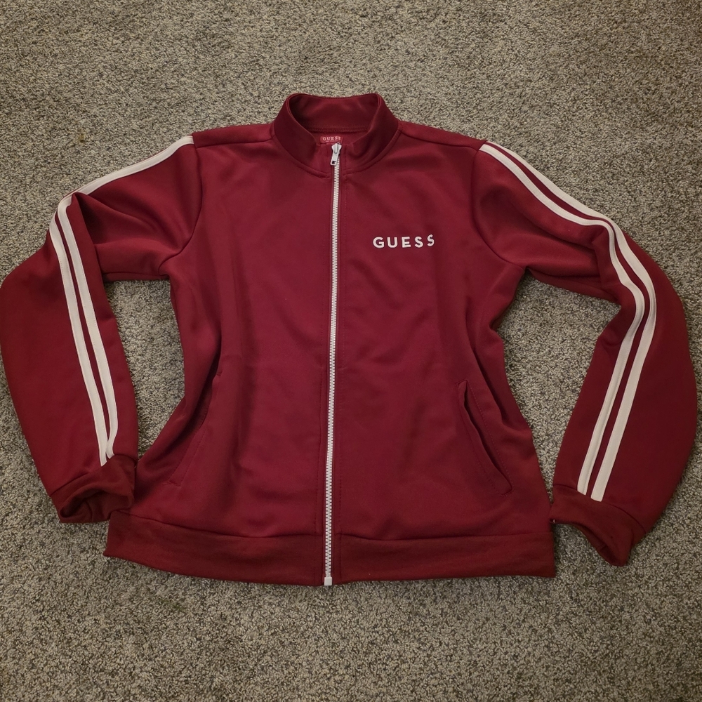 Guess Bright Red Bomber Track Jacket with White Stripe Accents